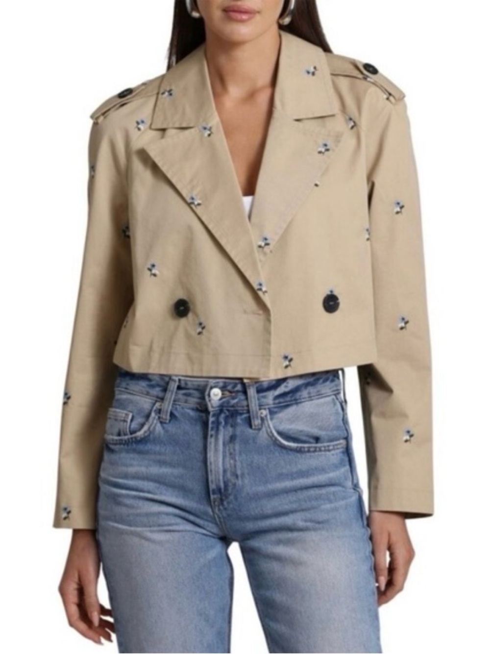 7 For All Mankind Cropped Beige Embroidered Trench Jacket